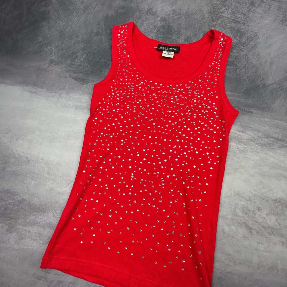 Get Lucky USA Red Rhinestone Ribbed Tank Top Women Medium Y2K Vintage Streetwear - Picture 2 of 8